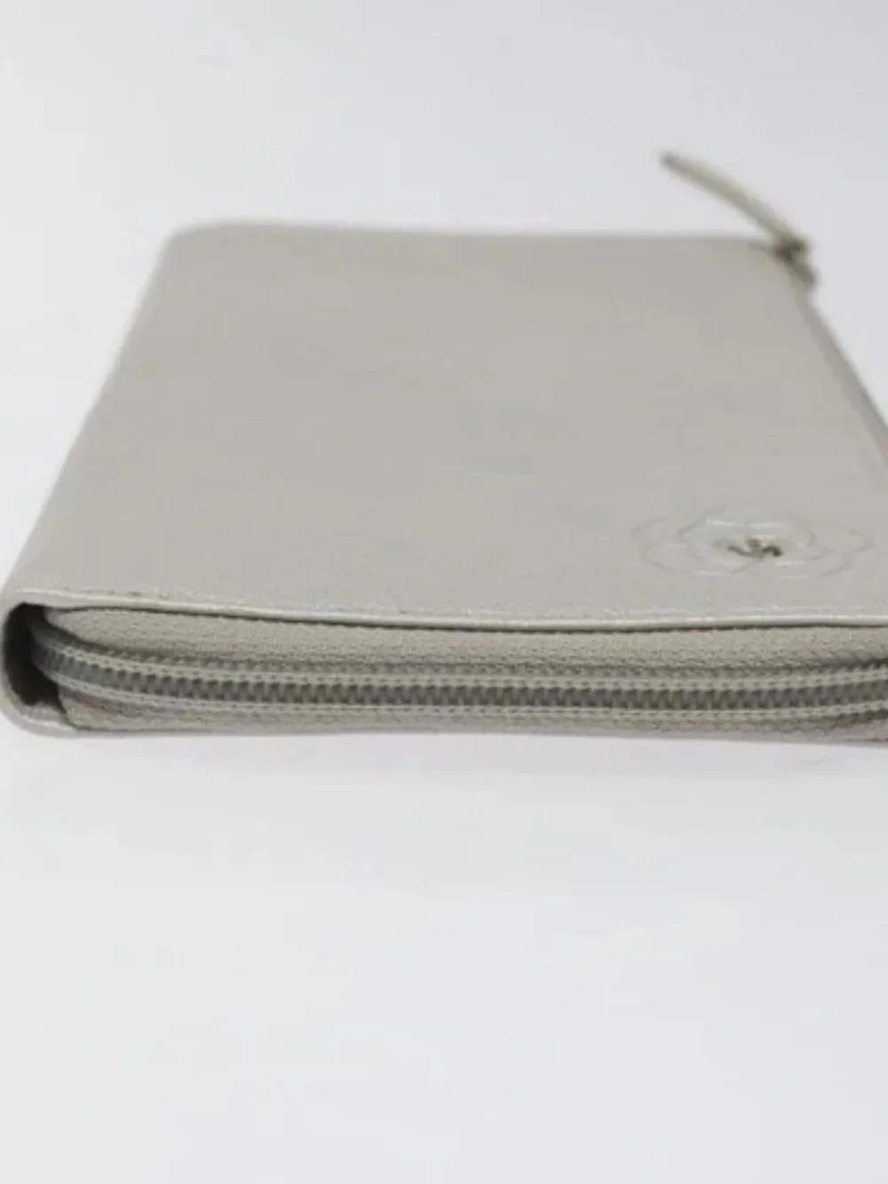 CHANEL Camelia Long Wallet Leather Silver CC Auth am7960